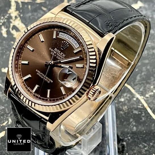 Rolex Day Date 118139 Black Leather Brown Dial