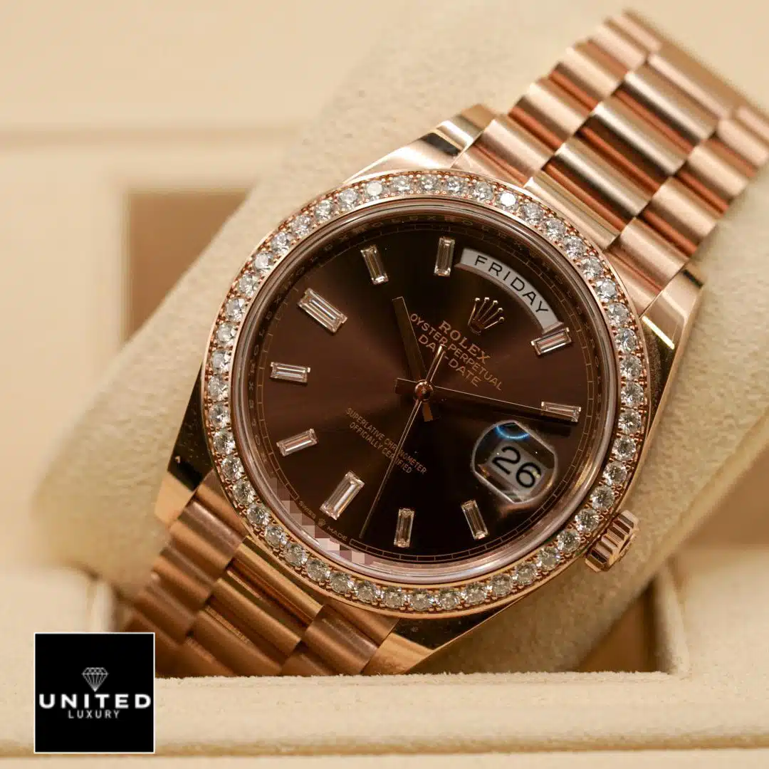 Rolex Day-Date 228345RBR Chocolate Dial Diamond Bezel Replica 1 Rolex Day-Date 40 228345RBR Chocolate Dial Diamond Indices Replica