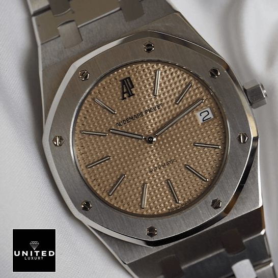 Audemars Piguet Royal Oak 14802ST.OO.0944ST.02 Replica 3 Audemars Piguet Royal Oak Rose Gold Dial Steel Replica front view white background