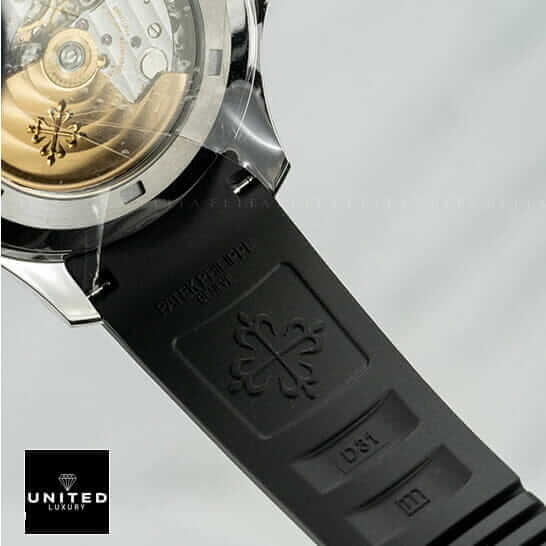 Patek Philippe Dual Time Replica 1 Patek Philippe Black Rubber Bracelet Steel Bezel Replica white background