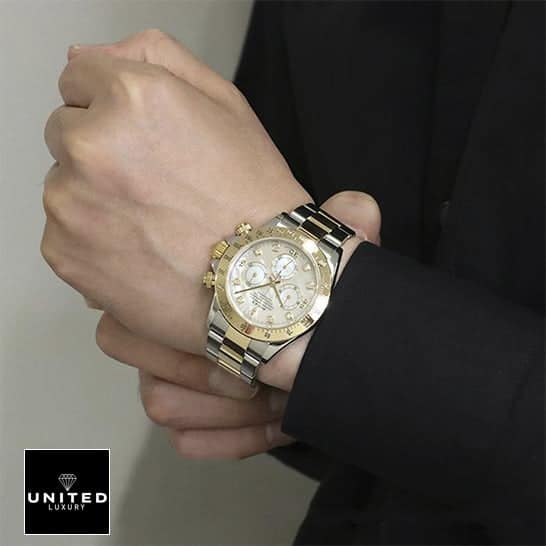 Rolex Daytona Two Tone White Dial 116523 Replica 2 Rolex Daytona Two Tone White Dial 116523 Oyster Replica on his arm