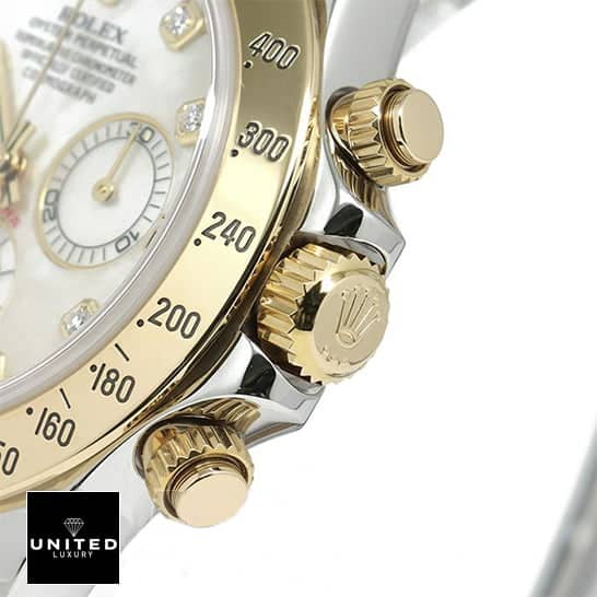 Rolex Daytona Two Tone White Dial 116523 Replica 3 Rolex Daytona 116523 Replica Yellow Gold Button & Crown Pusher