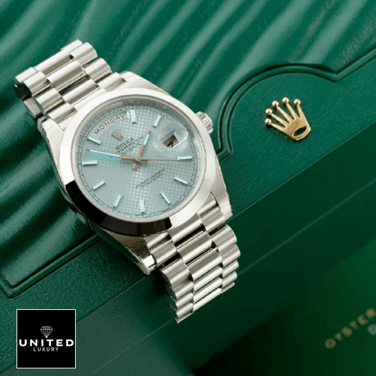 Rolex Day Date Ice Blue Baguette Dial Platinum Presidential 228206 Replica 1 Rolex Day-date 228206 blue dial replica on the rolex box
